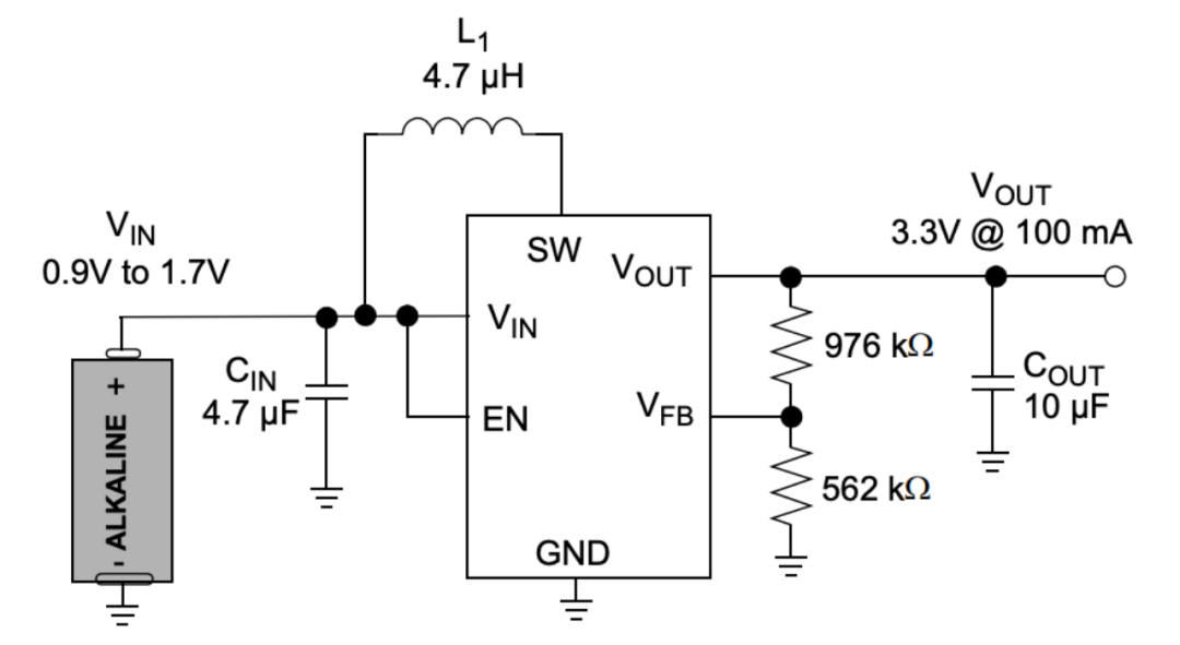 MCP1640用于碱性电池供电的3.3V升压典型应用电路,含4.7μH电感和分压反馈网络