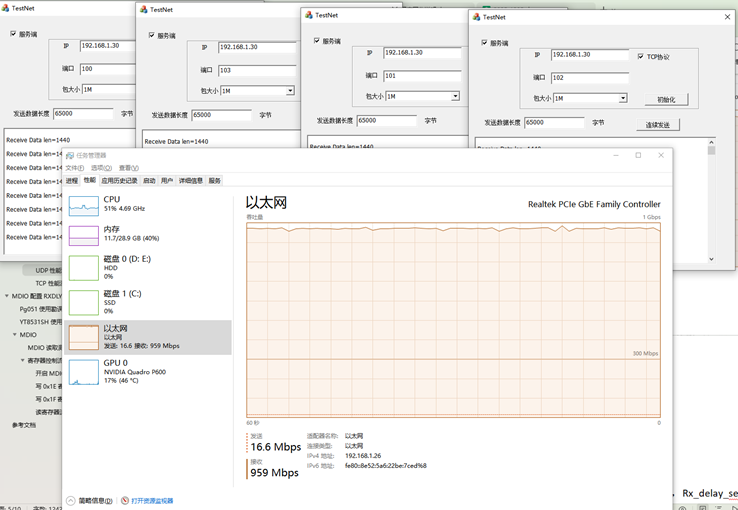 测试工具显示TCP带宽约960Mbps