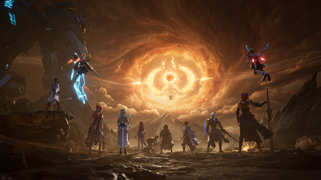 科幻奇幻风格的场景插画，角色们仰望巨大的能量漩涡
