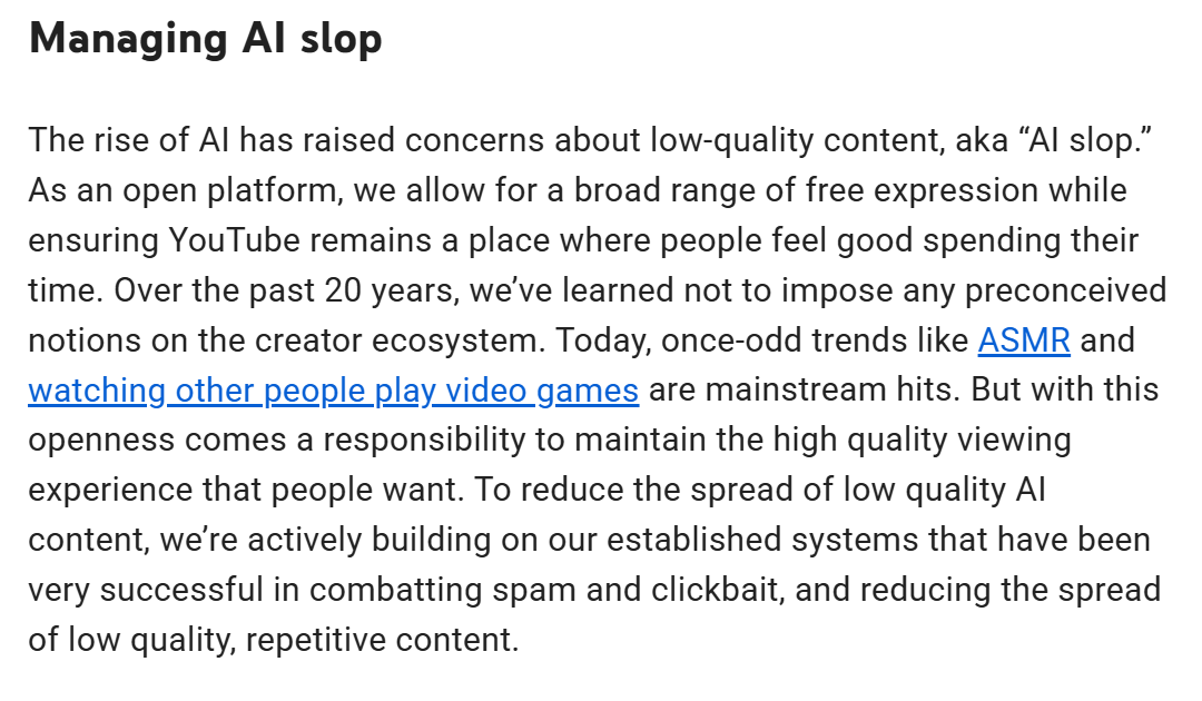 YouTube官方关于管理AI低质量内容的政策截图