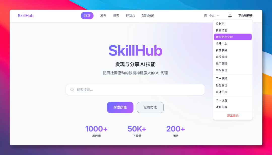 SkillHub控制台导航界面