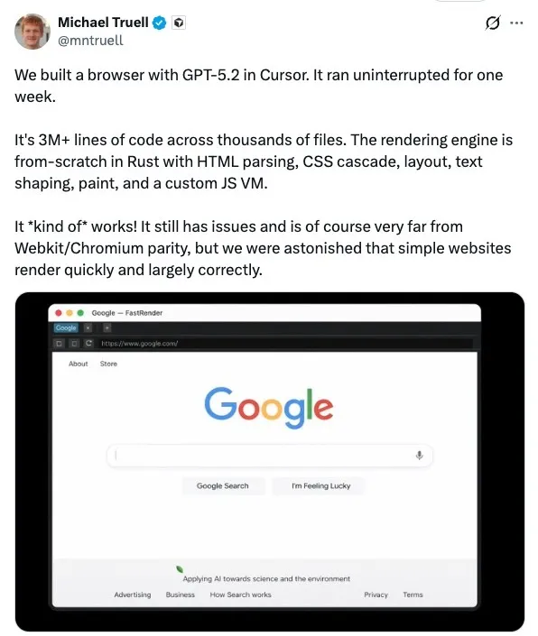 Michael Truell关于构建浏览器的推文截图