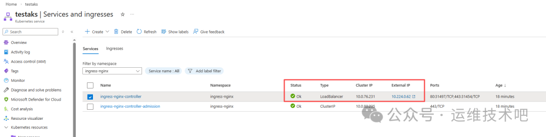 Azure 门户中 Kubernetes 服务（testaks）的 Services and ingresses 页面截图，左侧导航栏高亮 'Services and ingresses'，主区域为服务列表，包含 Name、Namespace、Status、Type、Cluster IP、External IP、Ports、Age 等列；其中 'ingress-nginx-controller' 服务被勾选，其状态为 'Ok'，类型为 'LoadBalancer'，Cluster IP 为 '10.0.76.231'，External IP 为 '10.224.0.62'；另一条记录 'ingress-nginx-controller-admission' 状态也为 'Ok'，类型为 'ClusterIP'。
