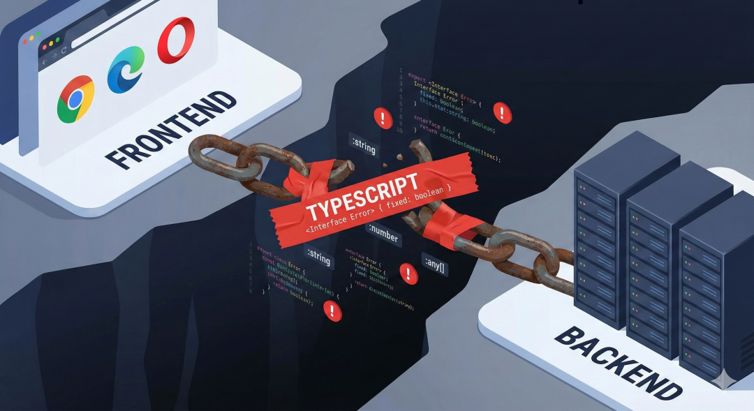 一幅描绘前后端架构间因TypeScript类型错误导致通信受阻的插画