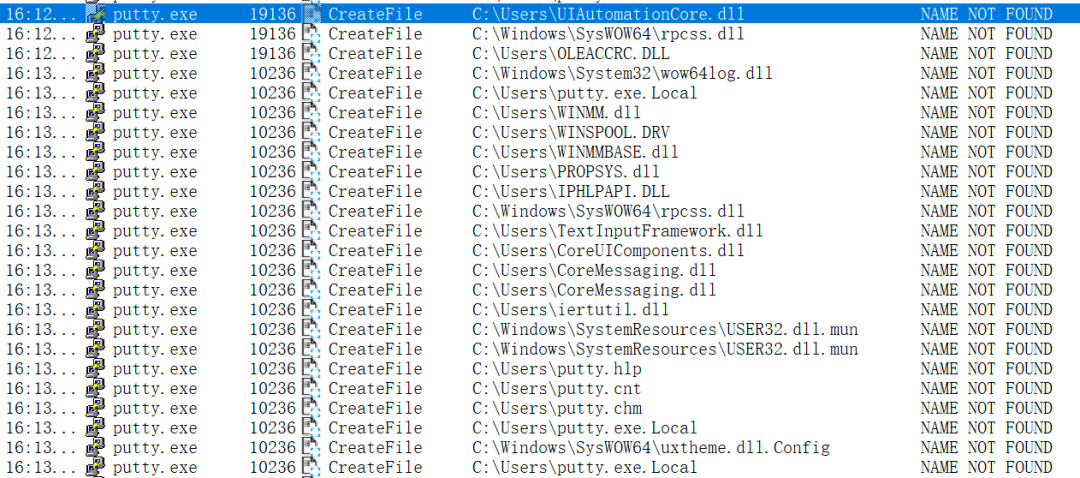 Process Monitor捕获的putty.exe加载DLL失败的日志列表