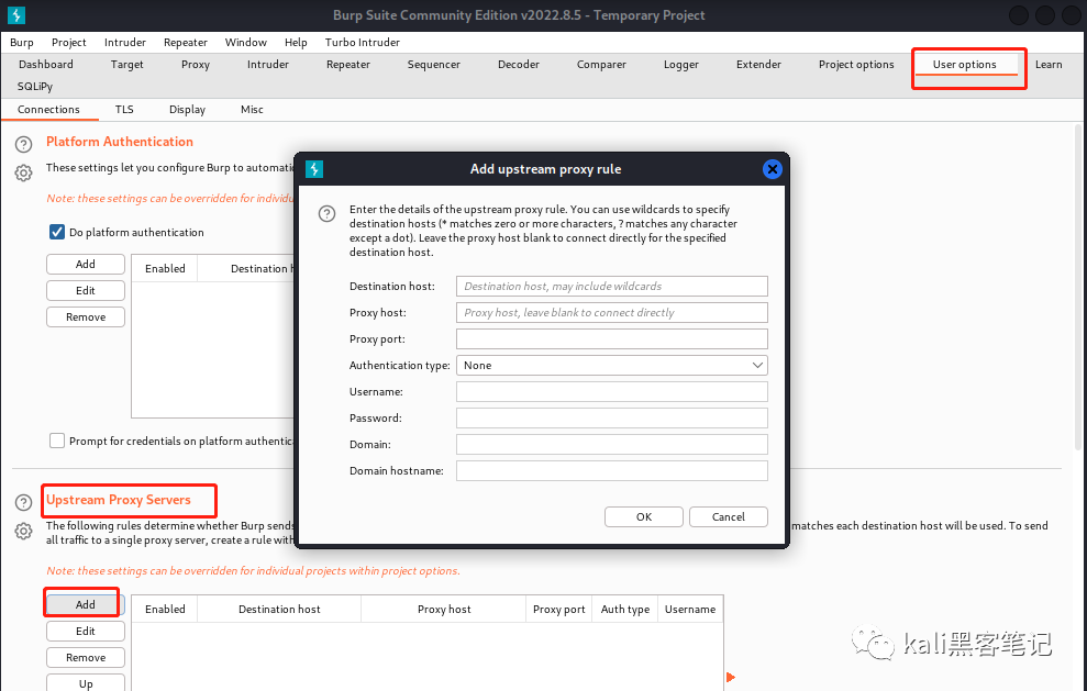 Burp Suite 添加上游代理规则界面