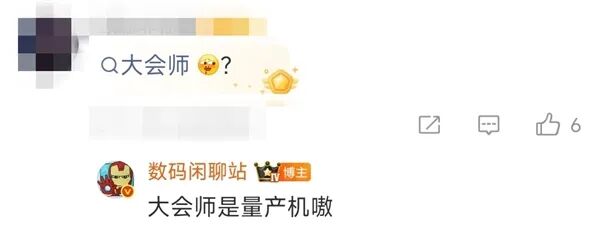 社交媒体评论截图,用户“数码闲聊站”回复粉丝提问“Q大会师?”,强调该产品“大会师是量产机嗷”,点赞数为6。