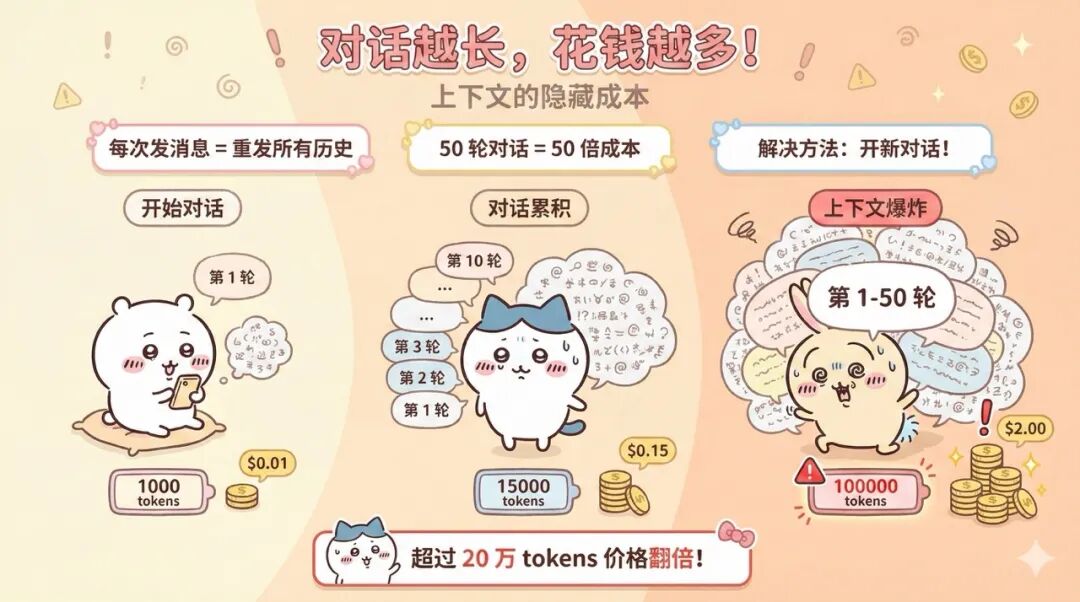 对话轮次与成本增长的卡通示意图