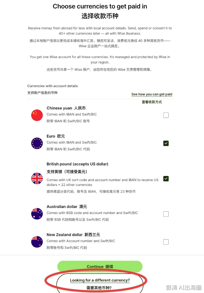 Wise收款币种选择界面