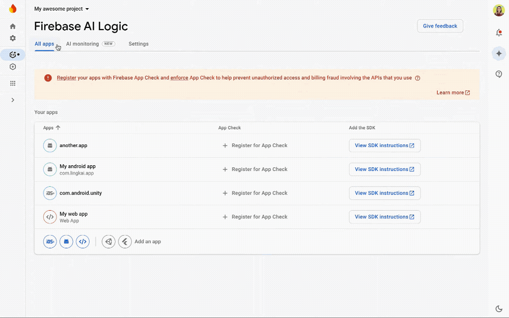 Firebase AI Logic 监控仪表板界面