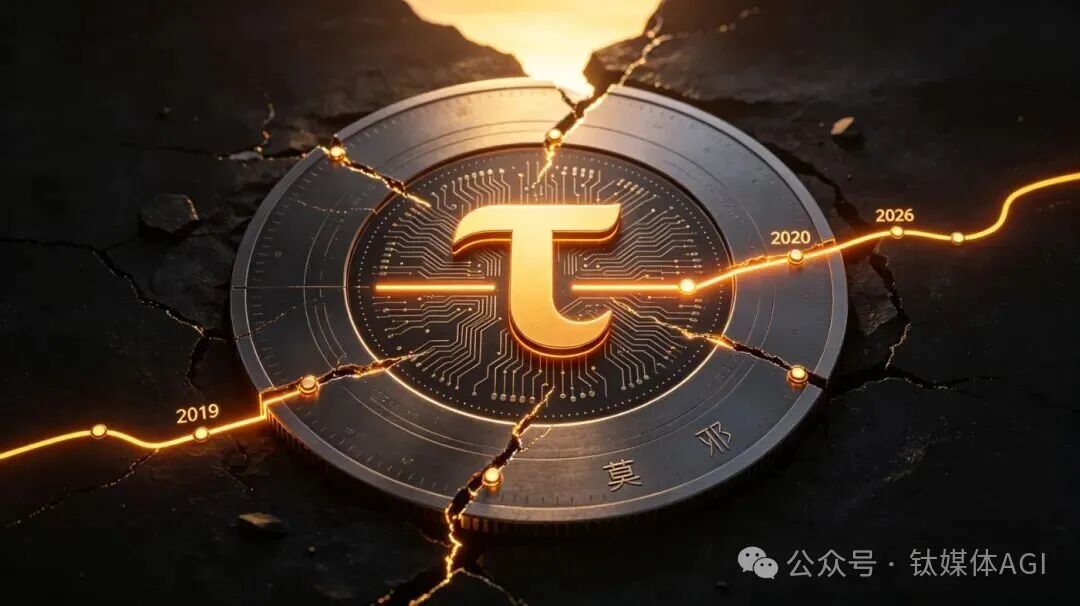 一枚科技感强烈的金属硬币置于深色龟裂地面,表面刻有USDT标志及电路纹理,一道发光折线贯穿画面,标注年份