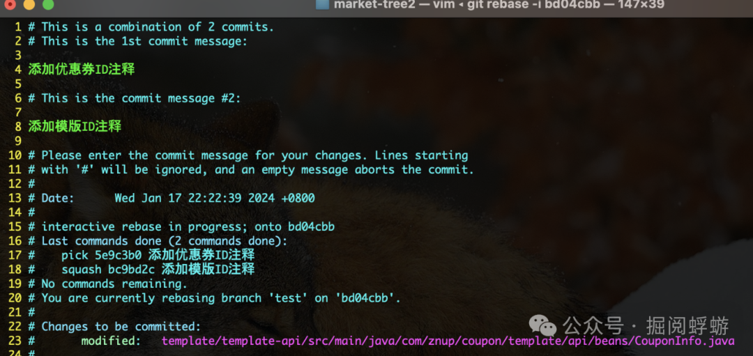 交互式 rebase 中合并提交信息的编辑界面（修改前）