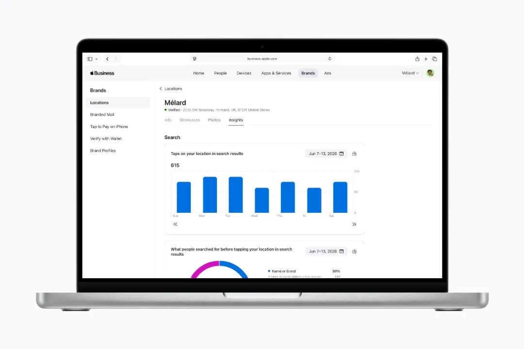 Apple Business后台数据分析界面，展示搜索点击等洞察数据