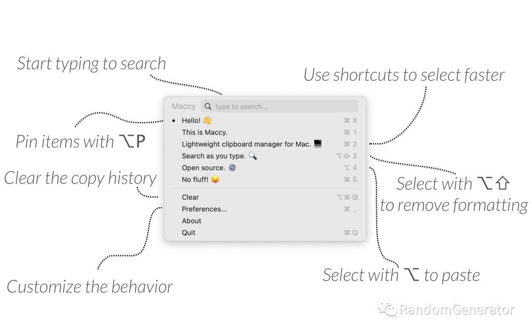 Maccy 剪贴板历史下拉菜单界面