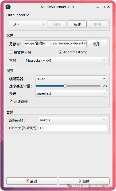 SimpleScreenRecorder输出配置界面