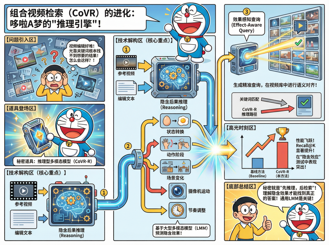 CoVR-R核心思想漫画解读：通过推理引擎理解视频编辑的隐含效果