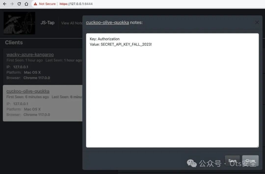 弹出笔记窗口,LocalStorage中的鉴权令牌被保存到cuckoo-olive-quokka客户端备注中。