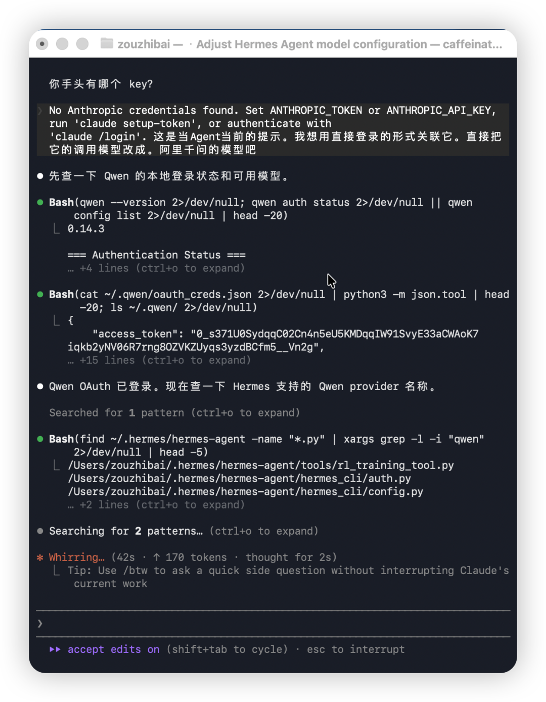 切换为Qwen OAuth模型并修改配置文件的终端截图