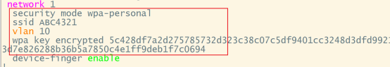 无线网络配置,network 1 SSID ABC4321 VLAN 10 wpa-personal加密
