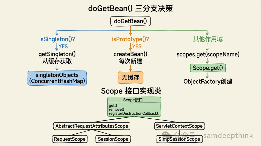 Spring doGetBean() 方法中根据作用域三分决策的流程图