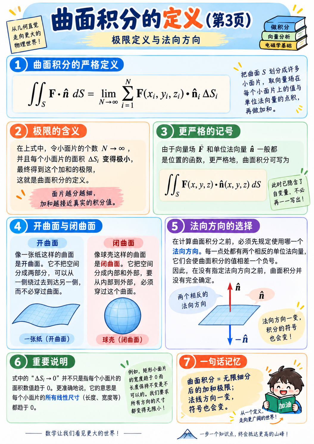 曲面积分定义第3页:极限定义、法向方向与开放/闭合曲面的区别
