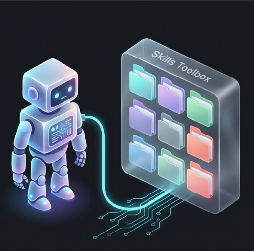一个发光的机器人站在左侧，身体呈蓝紫色渐变，面部有简单的眼睛和嘴巴设计。右侧是一个透明的立方体工具箱，标有‘Skills Toolbox’字样，内部包含九个彩色文件夹（青色、紫色、绿色、橙色等），通过蓝色电路线条与机器人相连，象征技能或知识的传输。