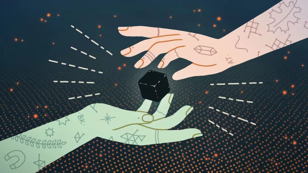 抽象科技感插图，双手与立方体互动