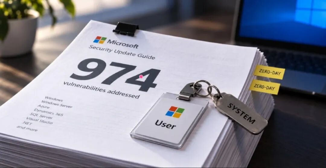 Microsoft Security Update Guide 安全更新指南文件,标有974个漏洞修复和ZERO-DAY标签