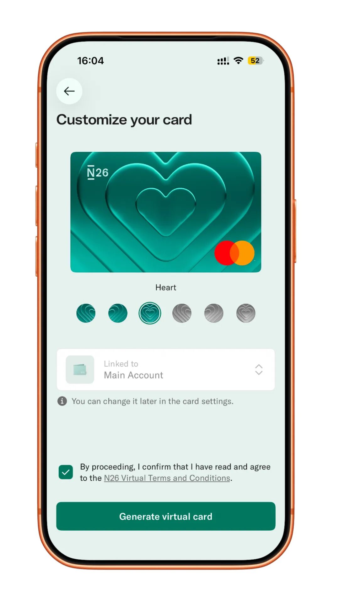 N26应用虚拟信用卡定制界面