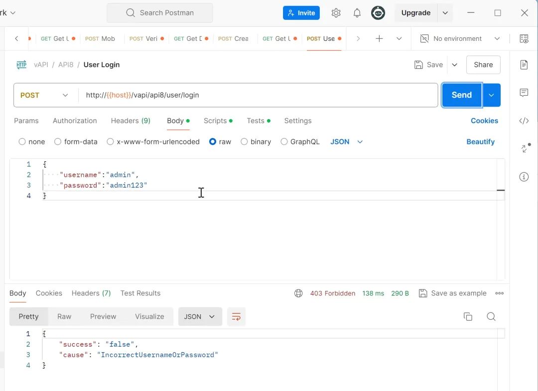 用户登录接口，返回密码错误