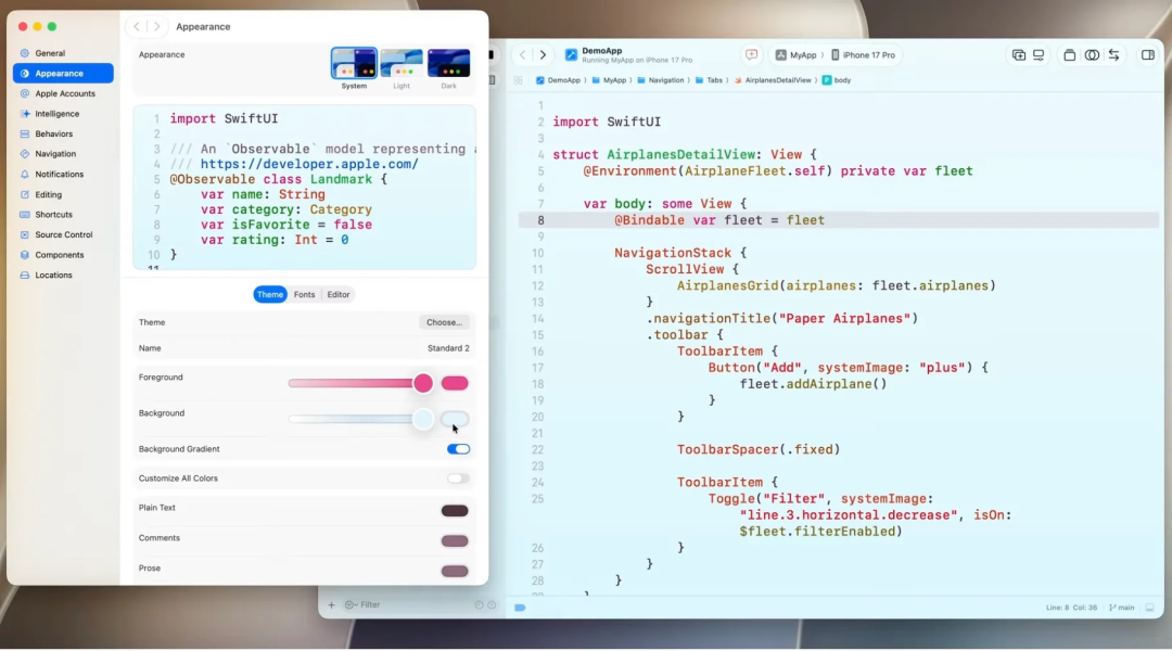 系统外观与代码编辑器中的SwiftUI主题配置界面