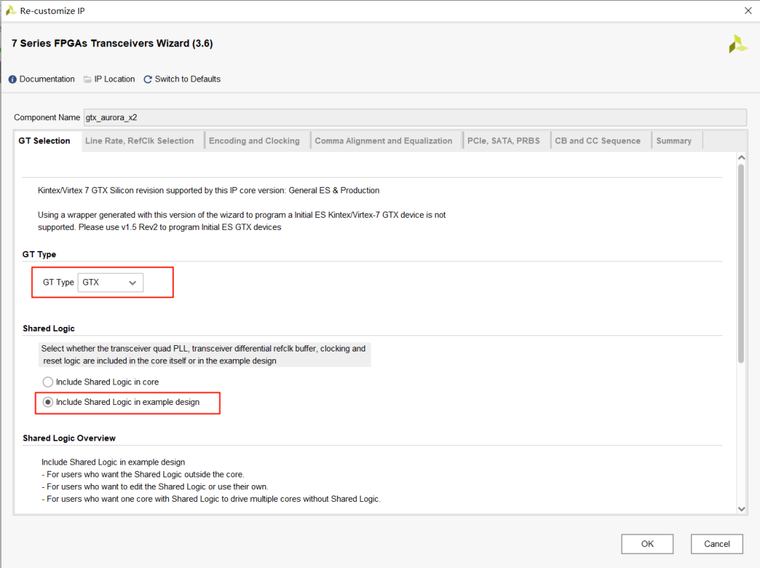 Xilinx 7系列FPGA收发器向导GT选择界面，已选GTX并启用共享逻辑