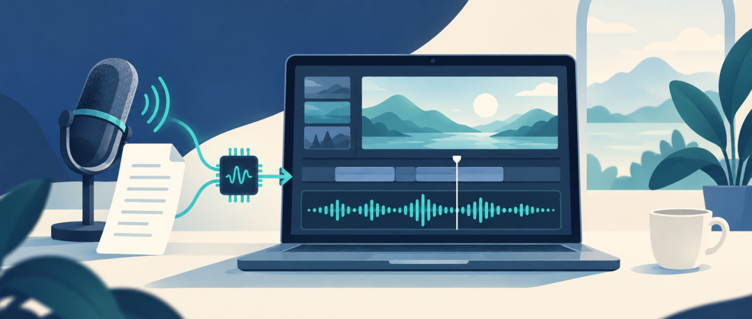 VoiceStudio 语音合成旁白制作场景插画:笔记本、麦克风与音频波形