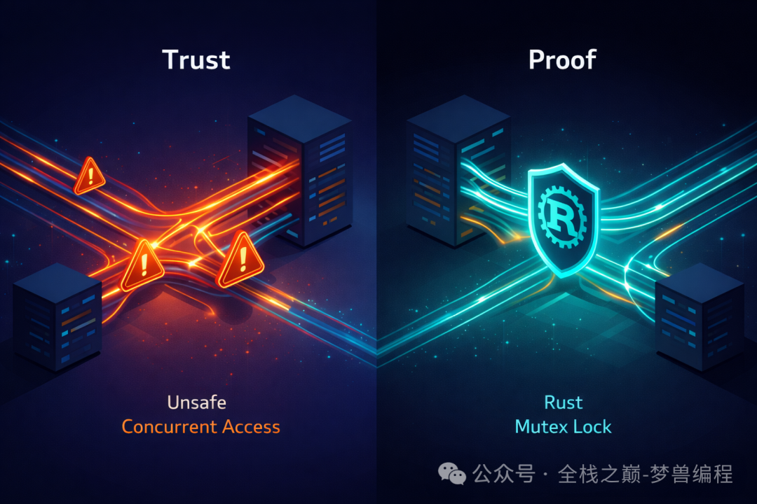 Go不安全并发与Rust安全并发保护对比示意图