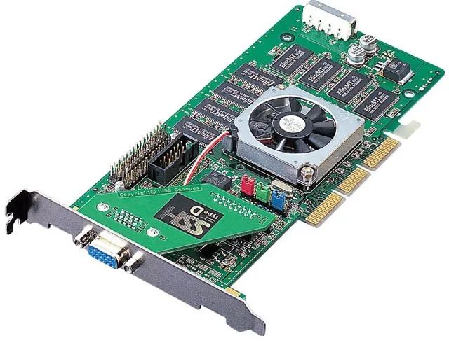 早期AGP接口显卡实物图,包含独立供电和散热