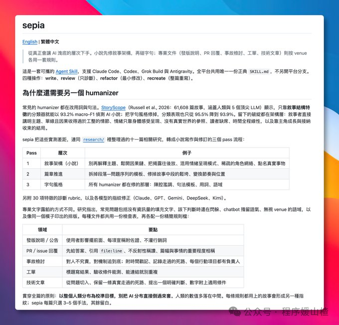 sepia 去 AI 味写作规则图:叙事架构、篇章推演、字句风格三层次