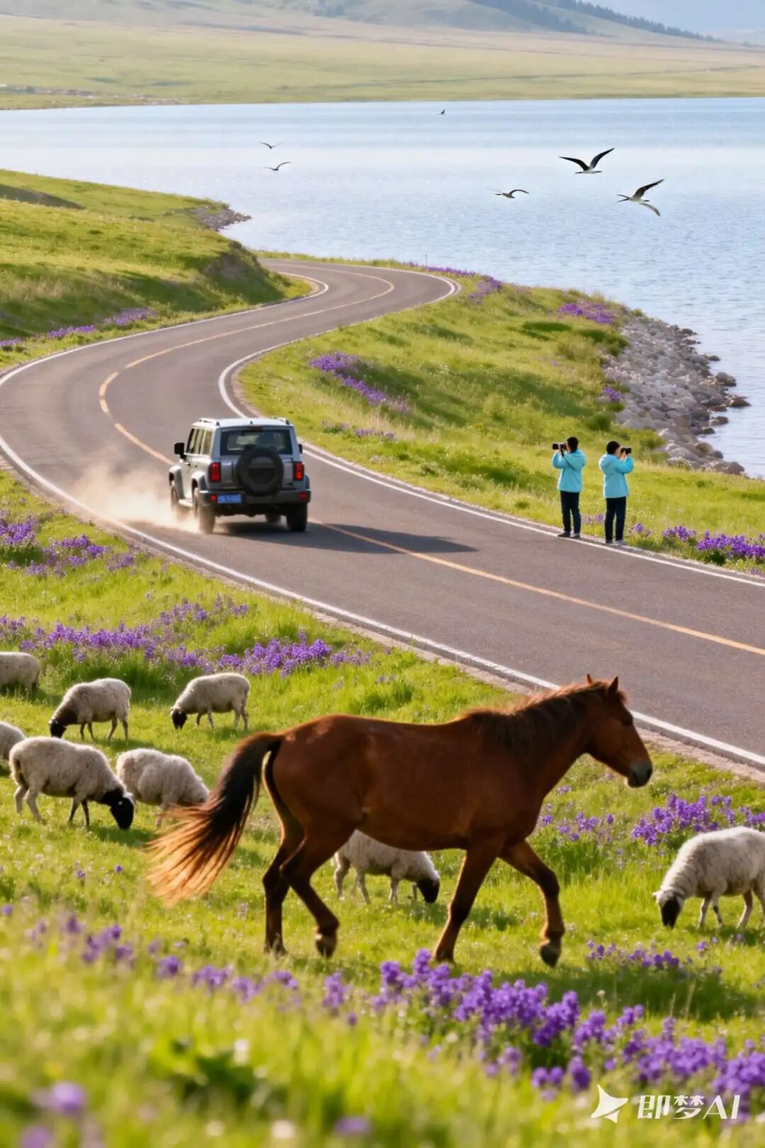 即梦生成的春/夏季湖边公路，马匹与羊群