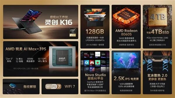 灵创K16配置解析:128GB LPDDR5X-8000统一内存、Radeon 8060S核显、4TB SSD,锐龙AI Max+ 395平台