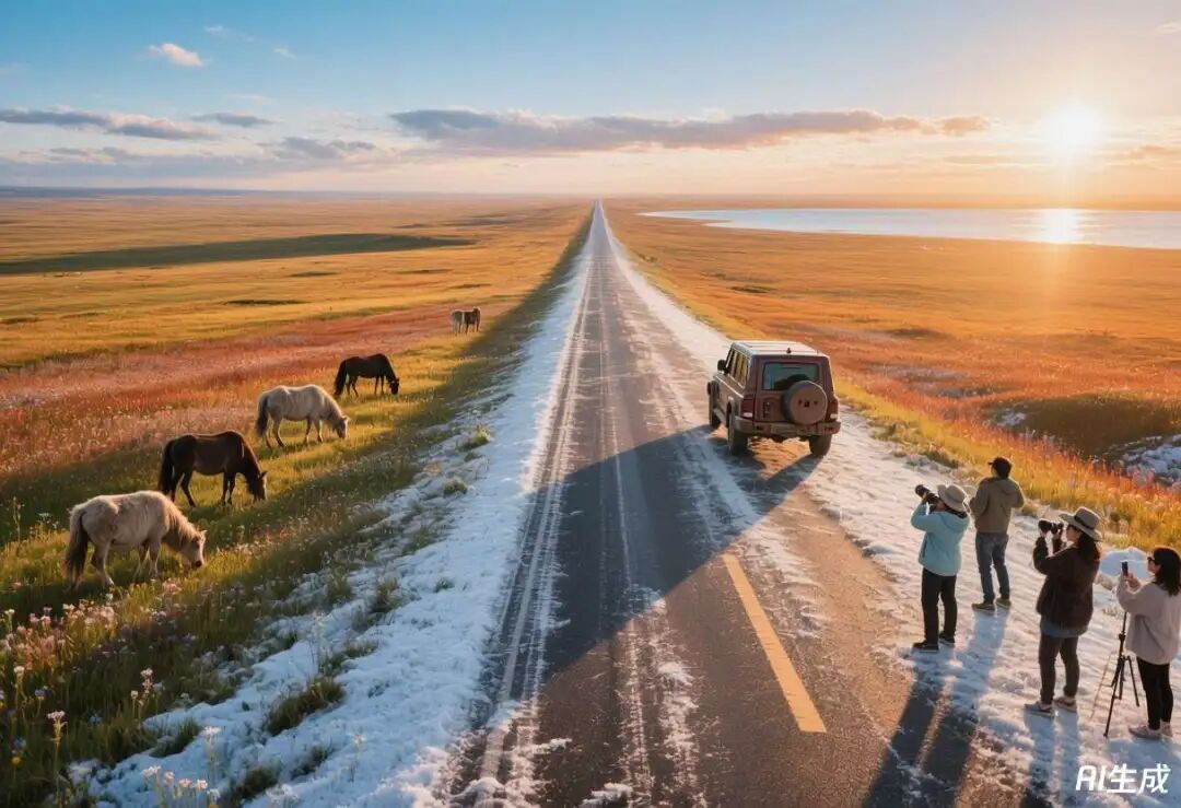 混元生成的冬日夕阳草原雪景