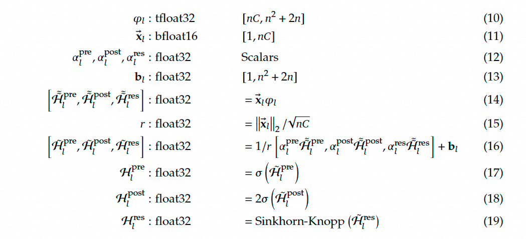 mHC参数计算公式与数据类型示意图