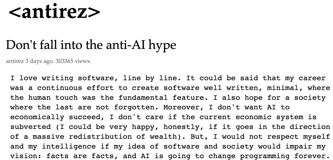 antirez原文《Don‘t fall into the anti-AI hype》截图