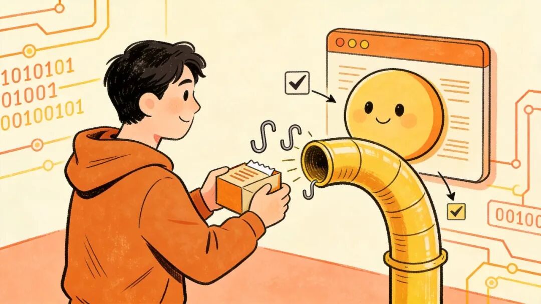 数据写入流程卡通图：人物通过管道向浏览器输送数据