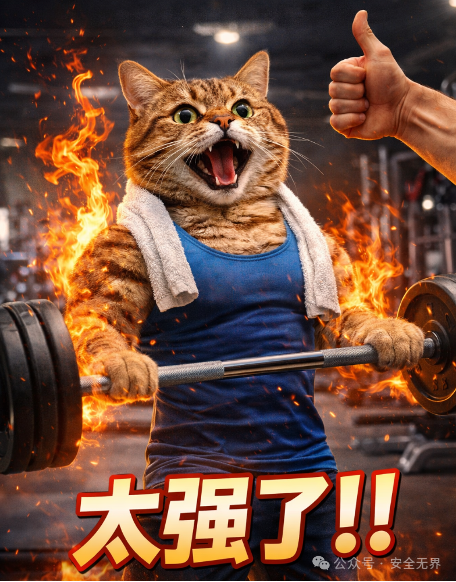 一只猫在举杠铃的表情包，配文“太强了!!”