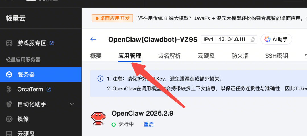 OpenClaw应用管理页面，显示应用版本为2026.2.9并处于运行中状态