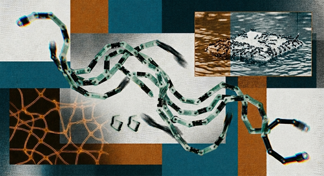 拼贴抽象图像,展示由绿色与黑色节段组成的链状结构,类似机械或生物链条,盘绕在深蓝、灰白几何色块背景上,两侧有彩色光晕畸变效果,并嵌入了聚集的蚁群、神经元网络等图案。