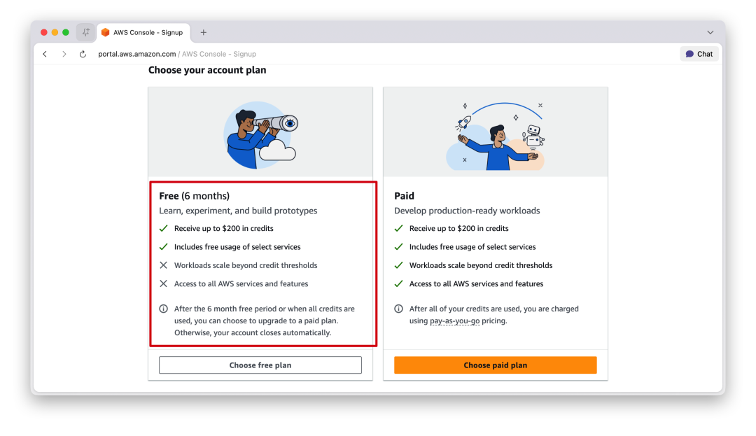 AWS免费套餐选择页面