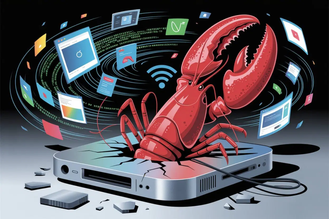 一只龙虾从破碎的笔记本电脑中破壳而出的创意图片