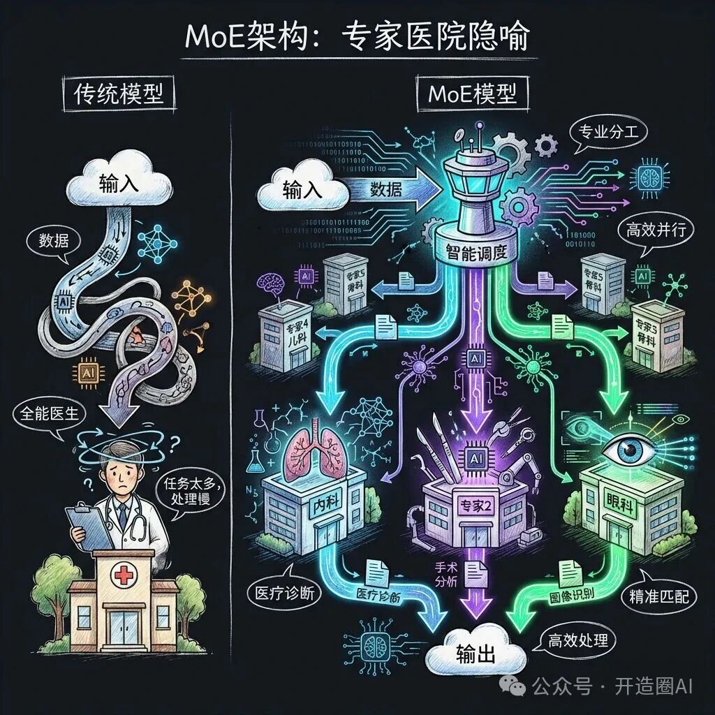 传统模型与MoE架构的专家医院隐喻对比图