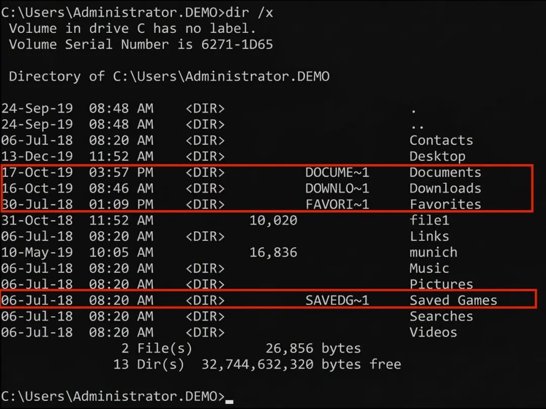 dir /x 命令显示 8.3 短文件名示例