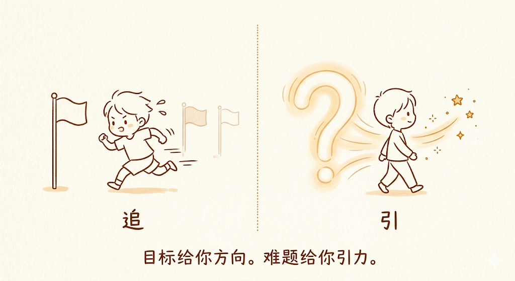 左右对比插画:左边是追逐目标的“追”,右边是被难题牵引的“引”